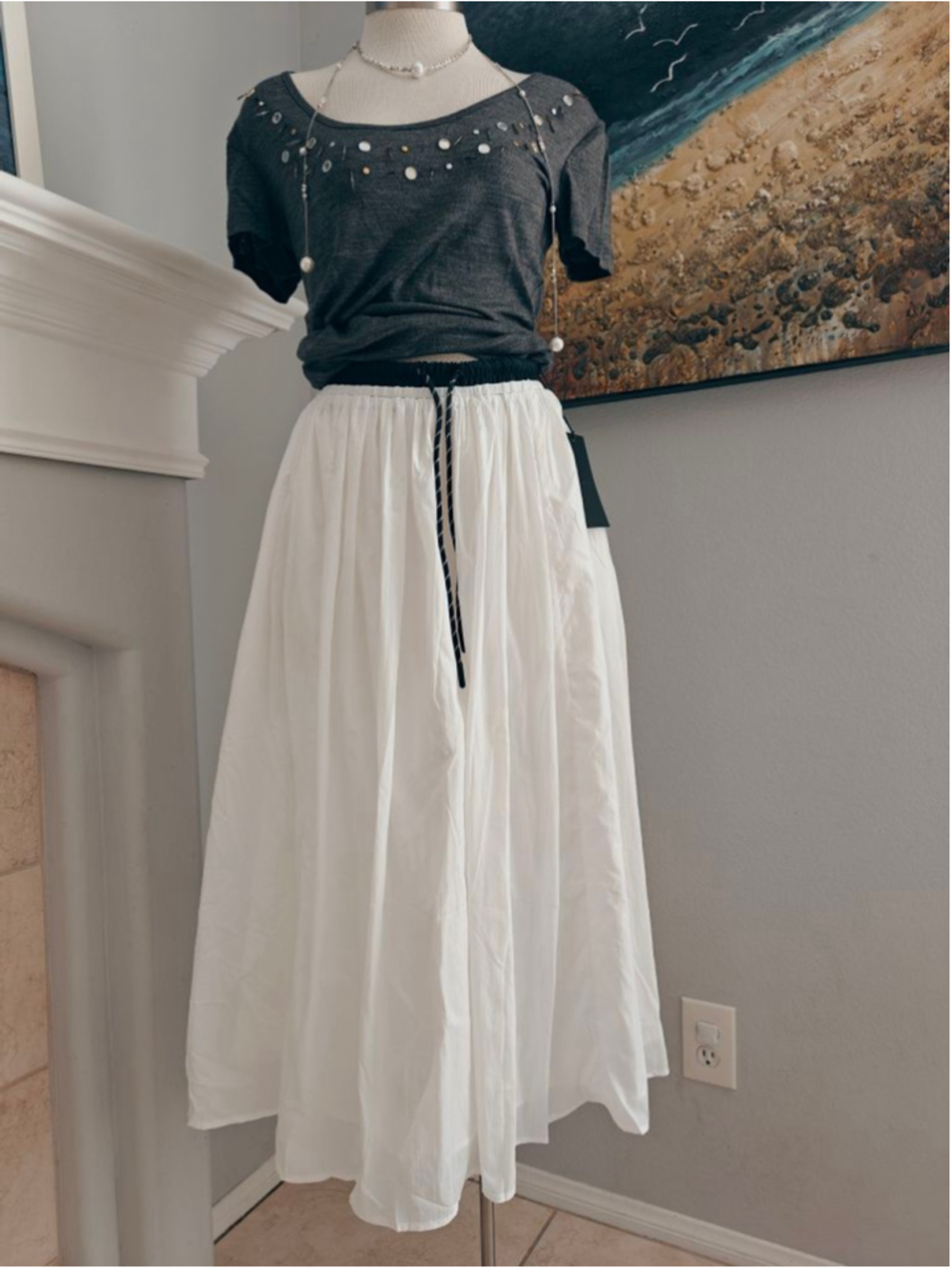 Women's White Maxi Skirt with Black Drawstring
